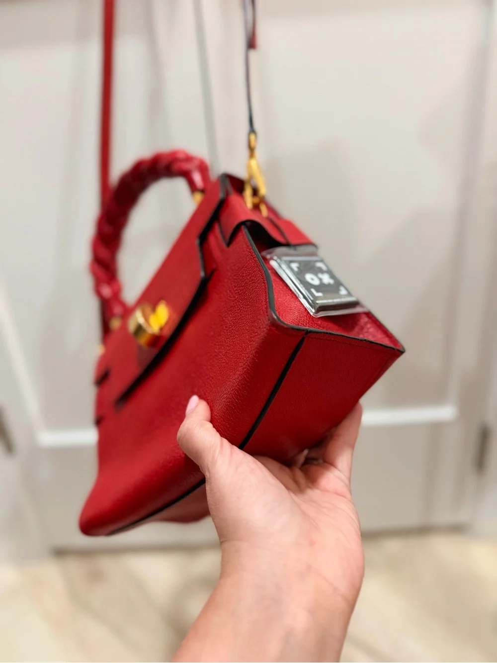 Miu Miu Madras Click Red Goatskin Braided Top Handle Crossbody Satchel Bag